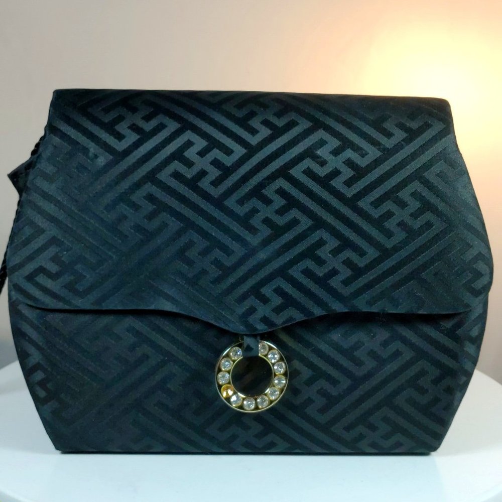 Vtg Carolyne Barton Black Evening Purse Rhinestone/Gold Button Closure Crossbody